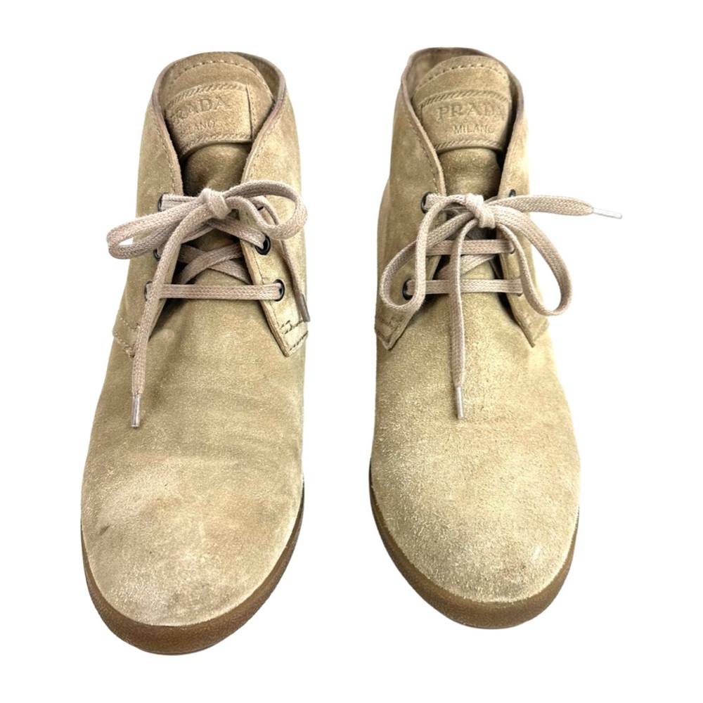 Prada women’s Tan Suede Rounded Toe Lace-Up Wedges Size: 38 - Picture 3 of 16